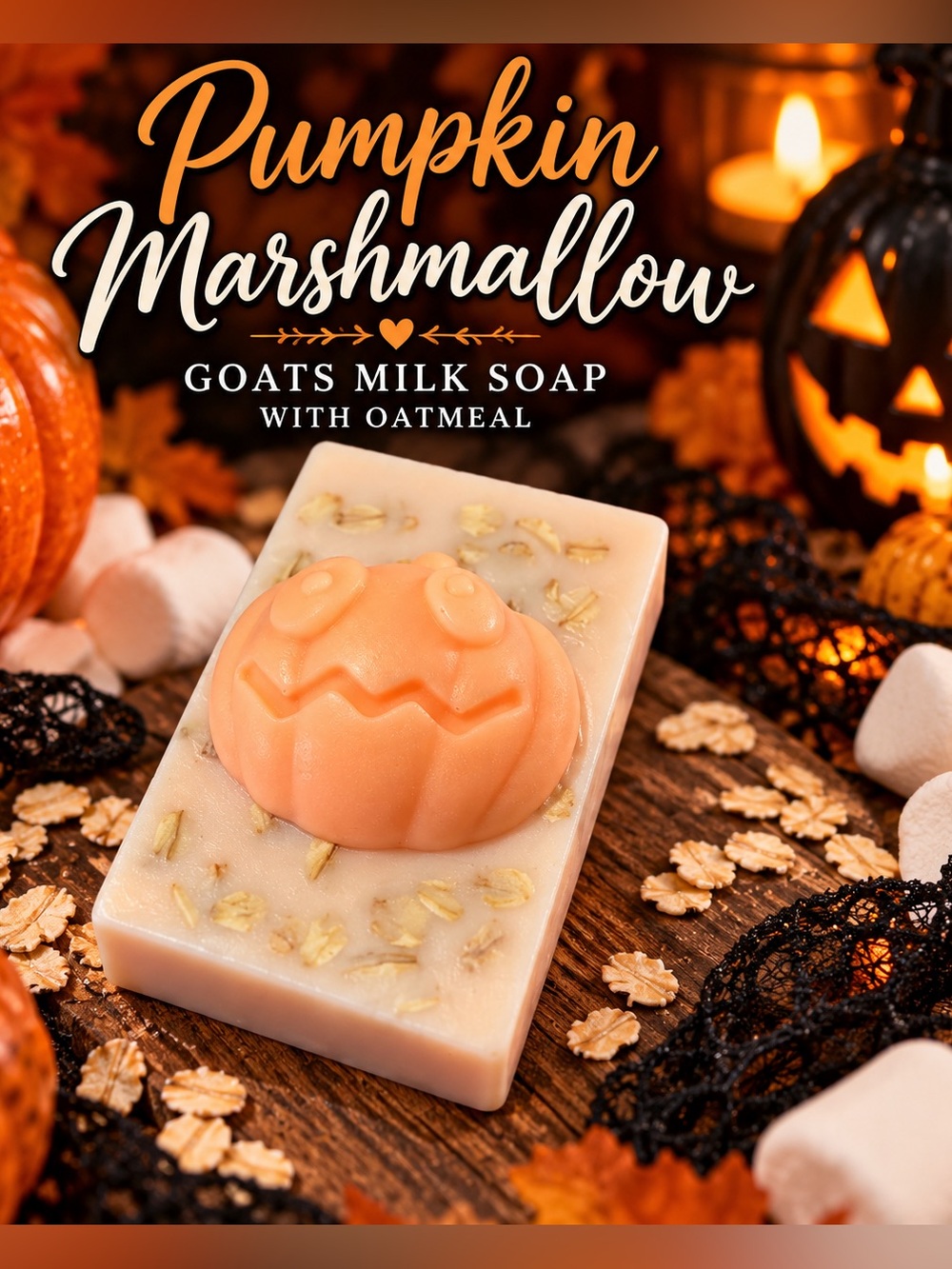 Pumpkin Marshmallow Scented Goats Milk Soap w/Oatmeal & Jack-o’-lantern topper